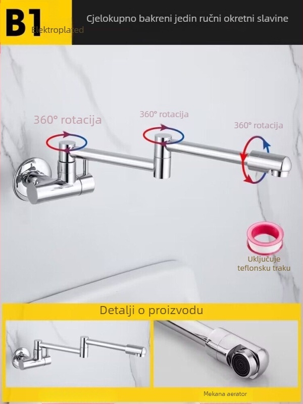 Kran za mop s produženim rotirajućim izljevom — model 5; ugradnja u zid; način otvaranja: spirala; tip špul: Shaft Roller