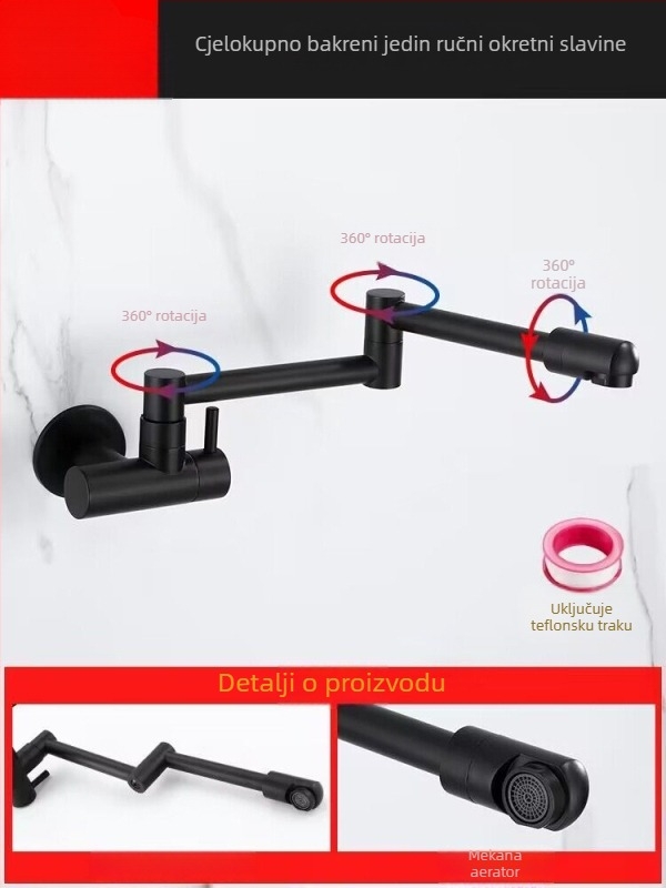 Kran za mop s produženim rotirajućim izljevom — model 5; ugradnja u zid; način otvaranja: spirala; tip špul: Shaft Roller