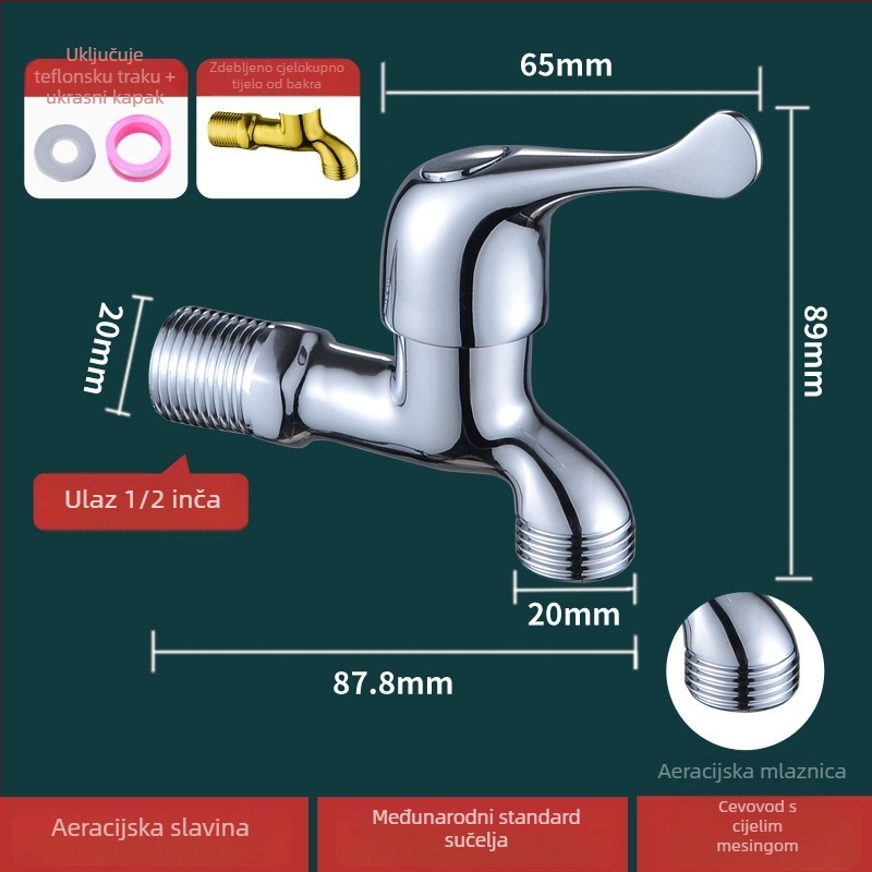Bakreni miješalica za perilicu rublja, ugrađena u zid, hladna voda, 0-40°C, mjedreno jezgro ventila