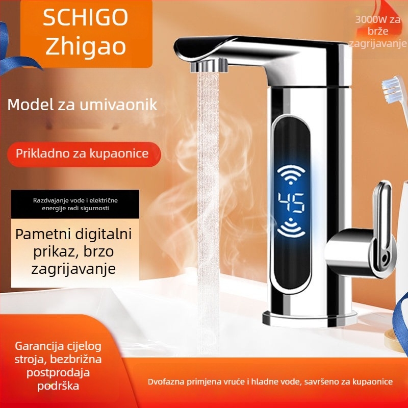Električni slavina tople vode za umivaonik s trenutnim zagrijavanjem, jednou rukom, prikaz temperature, izolacija vode i električne energije, 304 nehrđajući čelik