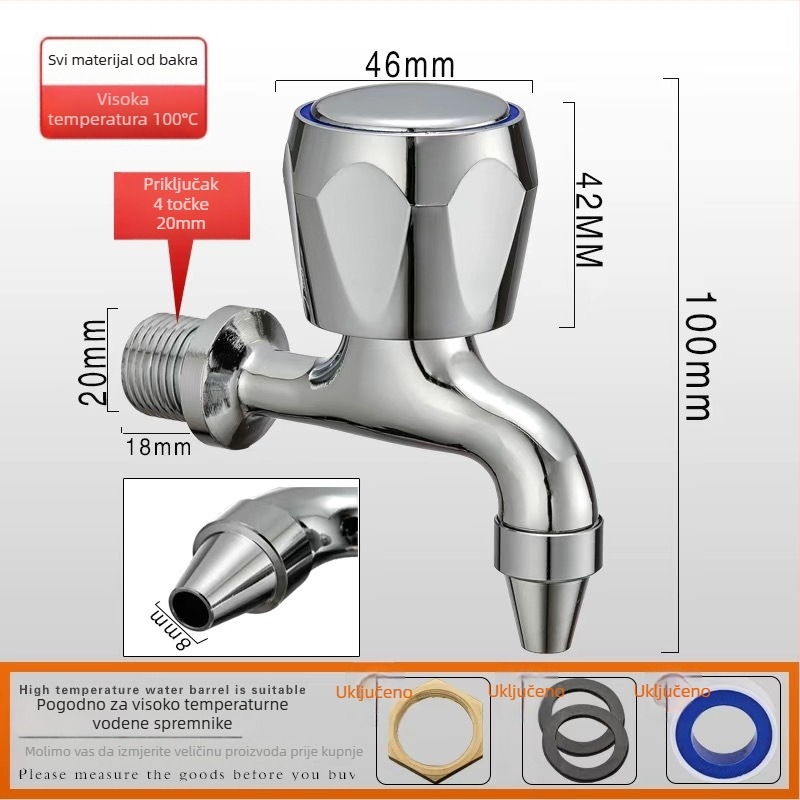 Bakreni izolirani vodovodni ventil za komercijalne električne bojlere, jednoputni hladni poluautomatski slavina, spiralna ugradnja, radna temperatura -10 do 90°C, bakreni ventil