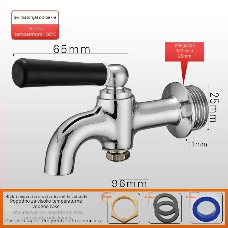 Bakreni izolirani vodovodni ventil za komercijalne električne bojlere, jednoputni hladni poluautomatski slavina, spiralna ugradnja, radna temperatura -10 do 90°C, bakreni ventil