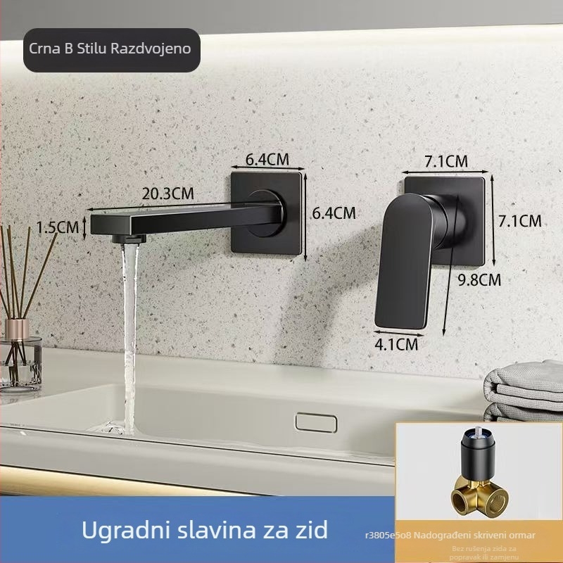 Skriti zidni slavine za umivaonik s toplom i hladnom vodom, bakreno tijelo, keramički disk ventil, elektroplirano završno, otporn na prskanje, 0–90°C