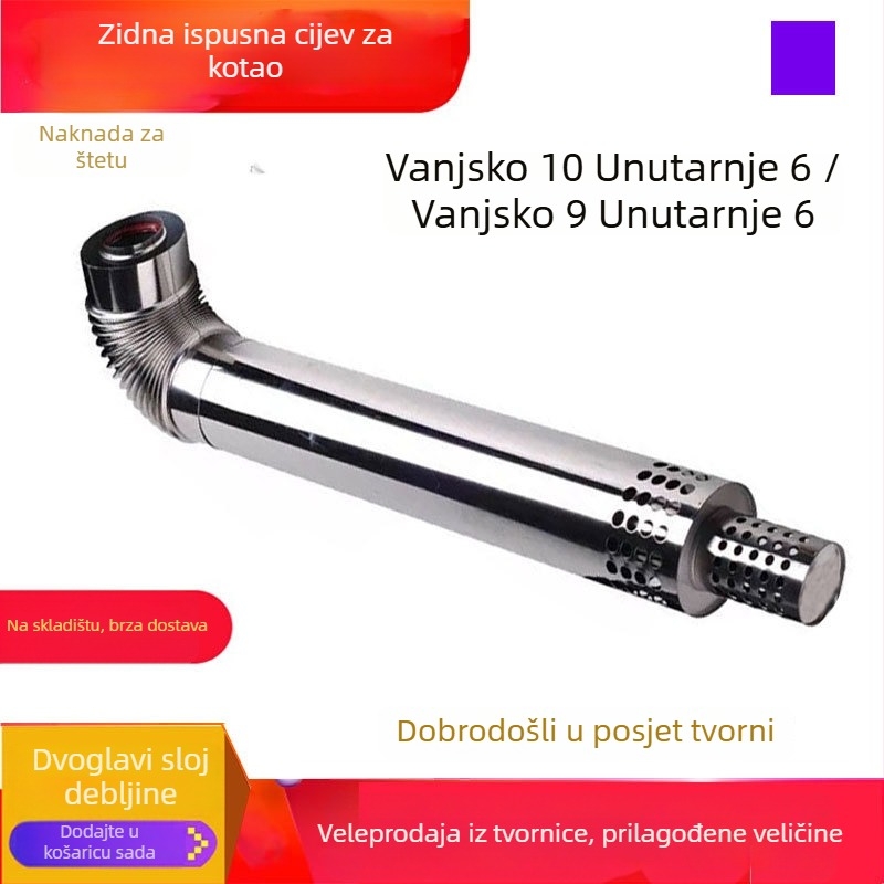 Nerđajući čelik plinska izlazna cijev za zidni kotao, dvostruki zid, koljena, model 01, debljina stijenke 0,003