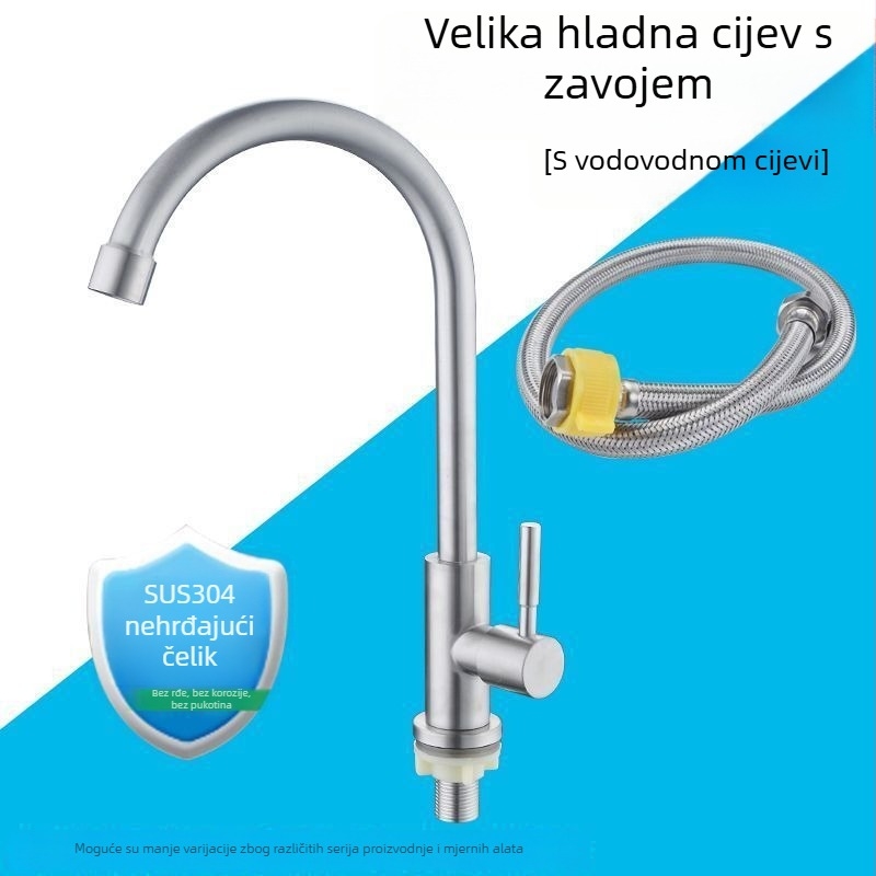 Kuhinjski slavine od nehrđajućeg čelika 304, jednosmjerni hladni dotok, univerzalna rotacija, keramički disk ventili, četkana završna obrada