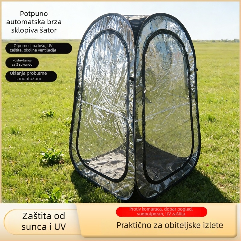 Go Sawae pop-up šator za sportske događaje — jednodijelni sklonišni šator, brzo otvaranje; prozirni unutarnji PVC, vanjski Oxford platno, vodootpornost 1000–1500 mm