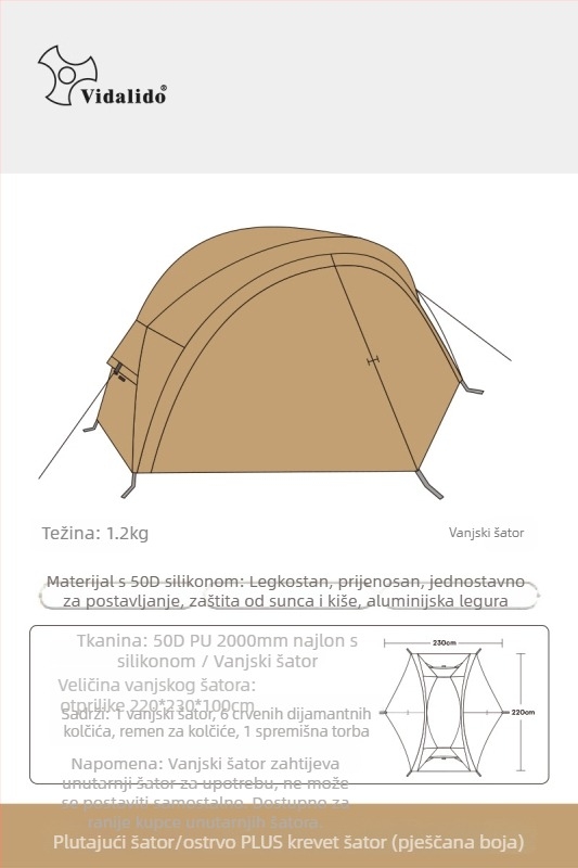 Šator za kampiranje s laganim kamp-podom, jednovrstna konstrukcija, tri sezone, 3 kg, aluminijske šipke, unutarnji Oxford s mrežom, vanjski Oxford, vodootpornost 1500–2000 mm
