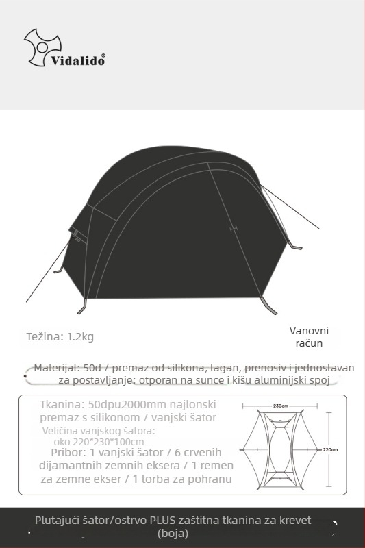 Šator za kampiranje s laganim kamp-podom, jednovrstna konstrukcija, tri sezone, 3 kg, aluminijske šipke, unutarnji Oxford s mrežom, vanjski Oxford, vodootpornost 1500–2000 mm