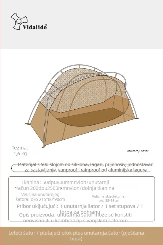 Šator za kampiranje s laganim kamp-podom, jednovrstna konstrukcija, tri sezone, 3 kg, aluminijske šipke, unutarnji Oxford s mrežom, vanjski Oxford, vodootpornost 1500–2000 mm