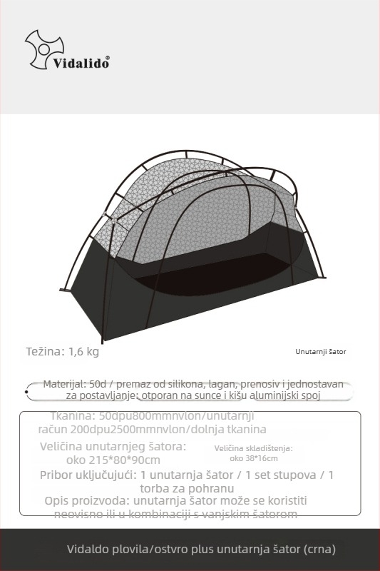 Šator za kampiranje s laganim kamp-podom, jednovrstna konstrukcija, tri sezone, 3 kg, aluminijske šipke, unutarnji Oxford s mrežom, vanjski Oxford, vodootpornost 1500–2000 mm