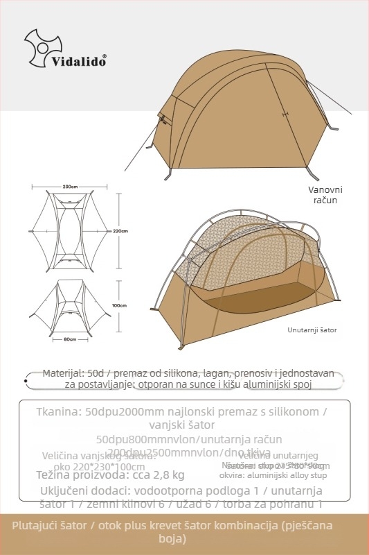 Šator za kampiranje s laganim kamp-podom, jednovrstna konstrukcija, tri sezone, 3 kg, aluminijske šipke, unutarnji Oxford s mrežom, vanjski Oxford, vodootpornost 1500–2000 mm