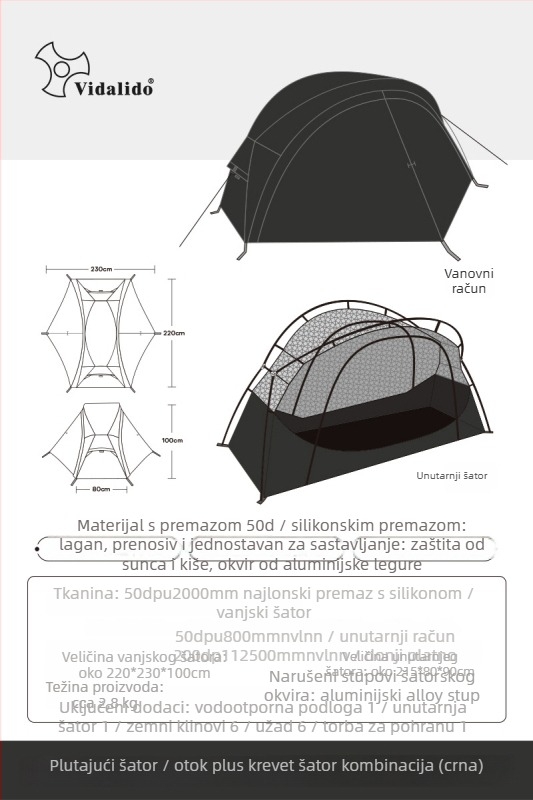 Šator za kampiranje s laganim kamp-podom, jednovrstna konstrukcija, tri sezone, 3 kg, aluminijske šipke, unutarnji Oxford s mrežom, vanjski Oxford, vodootpornost 1500–2000 mm