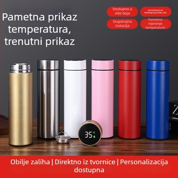 Termos šalica s prikazom temperature, ravna čaša, moderni stil, unutarnja 304 nehrđajući čelik, vanjska 201 nehrđajući čelik, vakuumska izolacija 6–12 sati, mogućnost logotipa sitotiskom