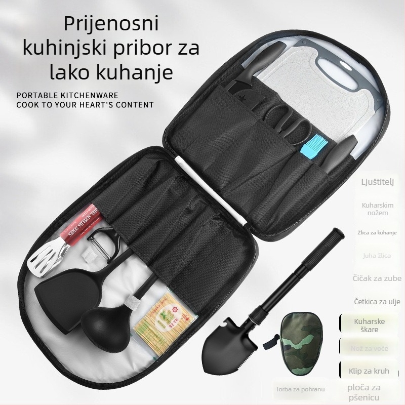 Set vanjskih kuhinjskih pribora od nehrđajućeg čelika, nož i daska za rezanje 2-u-1, prijenosna vrećica za pohranu za kampiranje