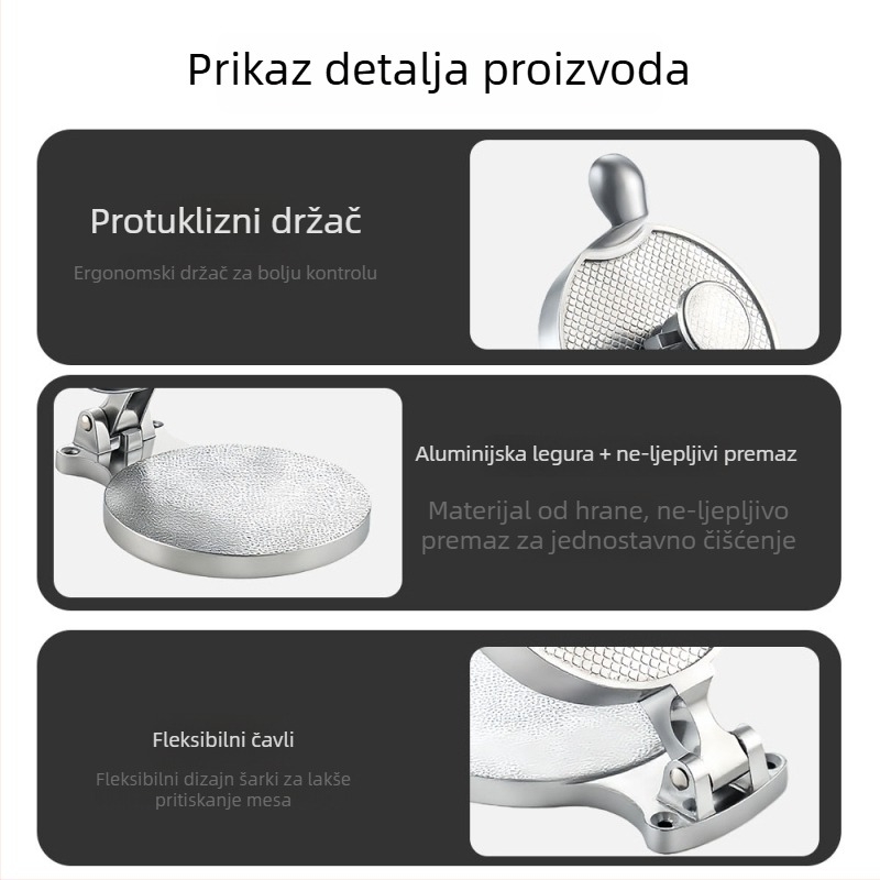 Ručni formirač hamburgera, aluminijska legura, podesiva debljina, kuhinjski alat