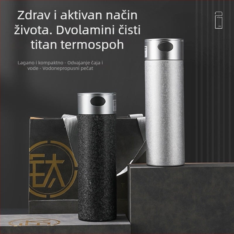 Titanijski termoflaša čaša s odjeljivanjem čaja i vode (unutarnja titanijska šupljina; vanjski 304 nehrđajući čelik; vakuumska izolacija 6–12 sati; odjeljak za čaj)