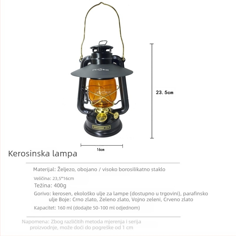 JFEIBLUE Vintage tradicionalna kerosinska lampa – kamping lampa s otvorenim plamenom