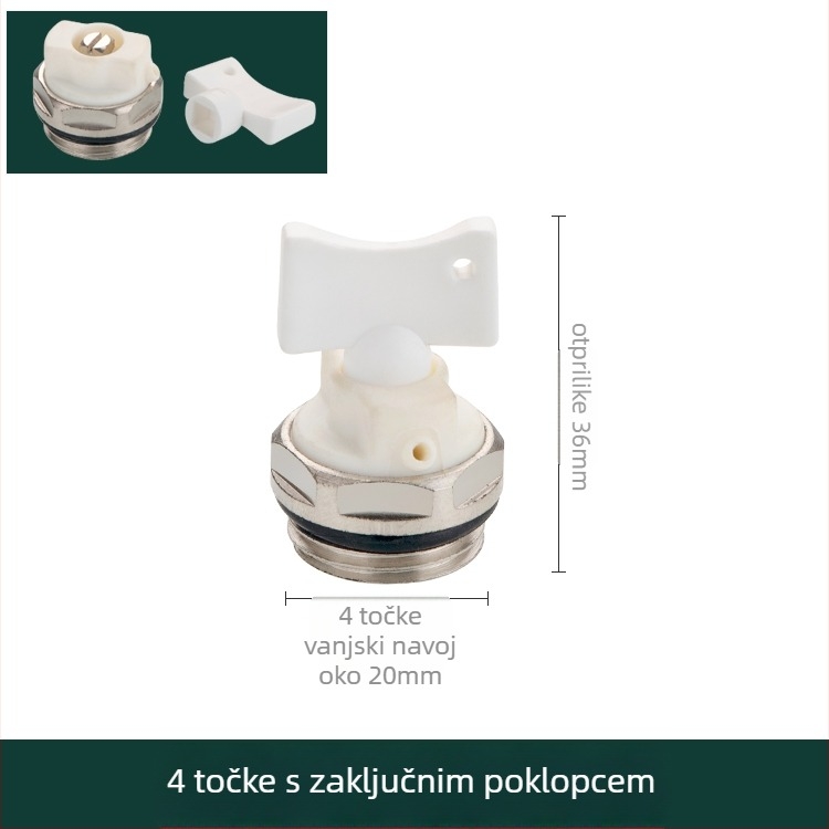 Ventil za otpuštanje zraka i ispuštanje vode na radijatoru s ručnim pogonom, vanjski navoja, kapica