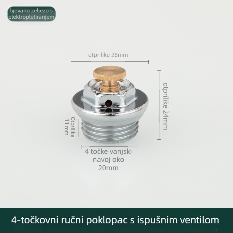 Ventil za otpuštanje zraka i ispuštanje vode na radijatoru s ručnim pogonom, vanjski navoja, kapica
