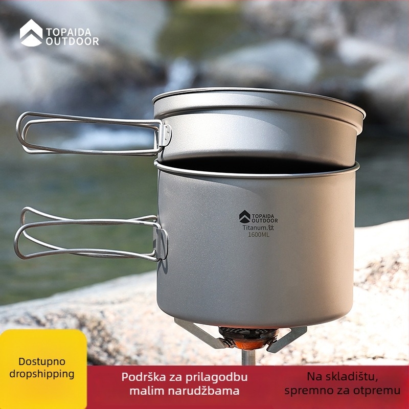 Vanjska titan posuda za kampiranje — ultra lagana, sklopiva, čisti titan; za 1–2 osobe; s logom