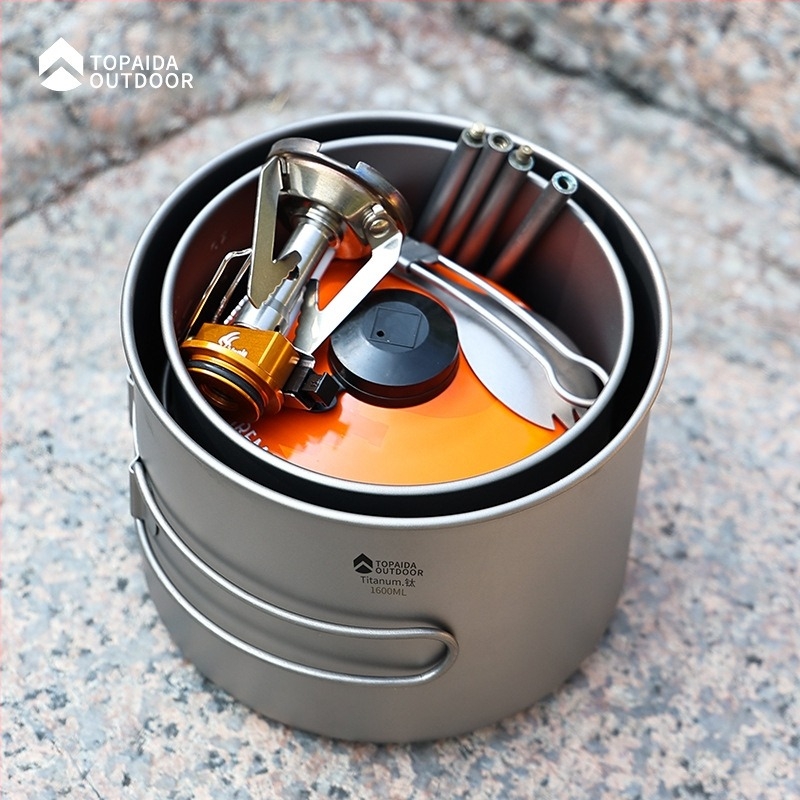 Vanjska titan posuda za kampiranje — ultra lagana, sklopiva, čisti titan; za 1–2 osobe; s logom