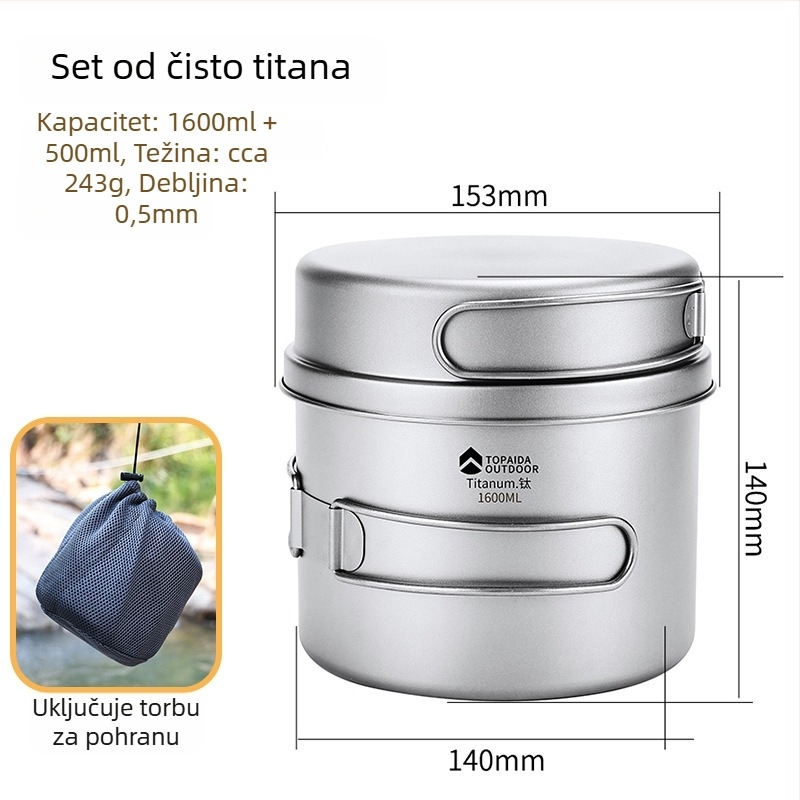 Vanjska titan posuda za kampiranje — ultra lagana, sklopiva, čisti titan; za 1–2 osobe; s logom