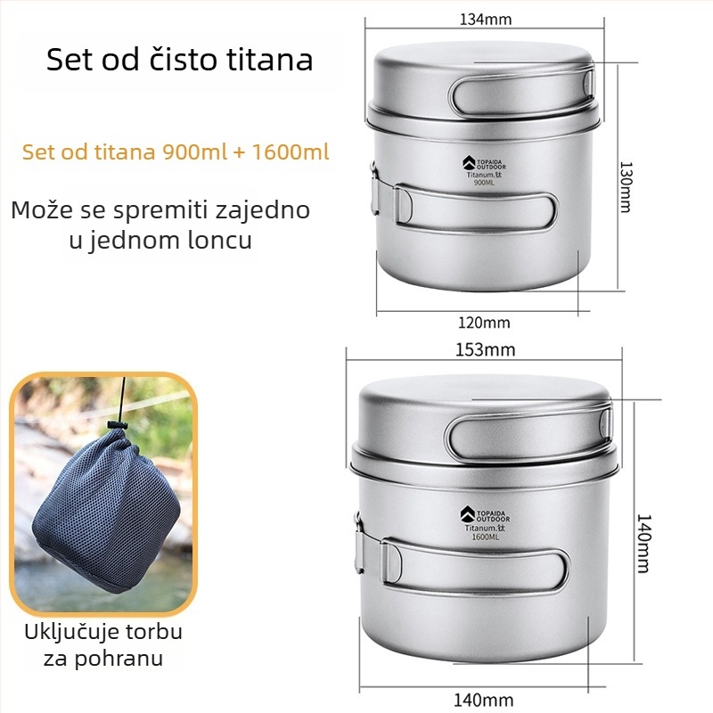 Vanjska titan posuda za kampiranje — ultra lagana, sklopiva, čisti titan; za 1–2 osobe; s logom