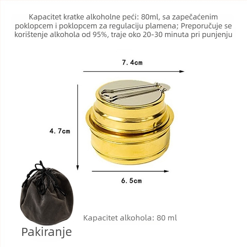 Prijenosno kamp kuhalo od nehrđajućeg čelika – Model 0104, težina 80 g, pogodno za više od 5 osoba, uključuje set za alkohol