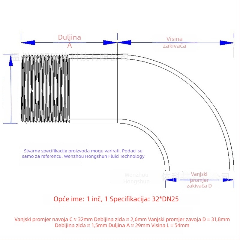 Kutni spoj s vanjskim navojem, nehrđajući čelik, Ø10–114 mm, debljina zida 2.0 mm, polirani završni sloj