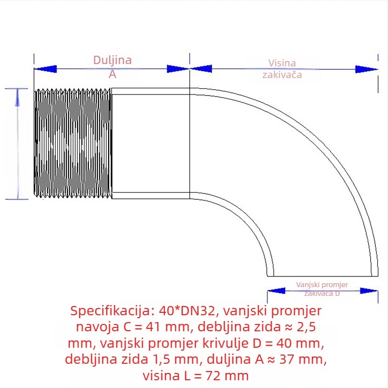 Kutni spoj s vanjskim navojem, nehrđajući čelik, Ø10–114 mm, debljina zida 2.0 mm, polirani završni sloj