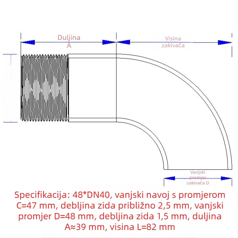 Kutni spoj s vanjskim navojem, nehrđajući čelik, Ø10–114 mm, debljina zida 2.0 mm, polirani završni sloj