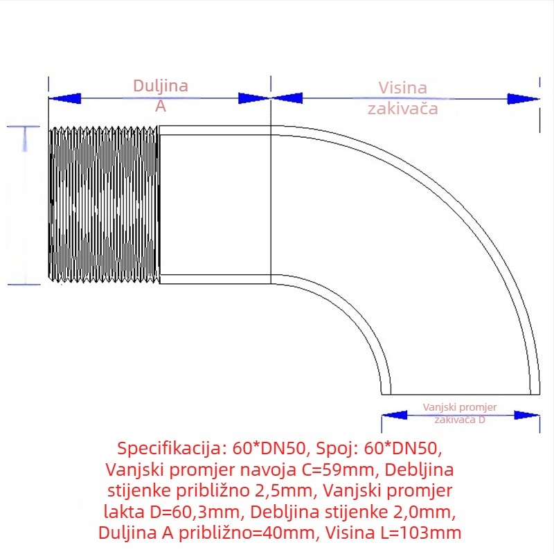 Kutni spoj s vanjskim navojem, nehrđajući čelik, Ø10–114 mm, debljina zida 2.0 mm, polirani završni sloj