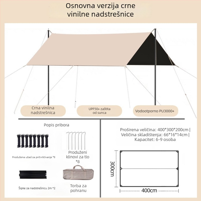 Vinilni kamp šator za kampiranje s UV zaštitom, prijenosna sjenica za sunce