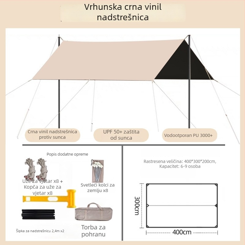 Vinilni kamp šator za kampiranje s UV zaštitom, prijenosna sjenica za sunce
