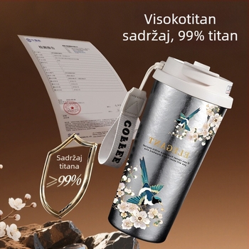 Titanska šalica za kavu – vanjska prijenosna, dvostruka stijenka vakuumska izolacija, Titan unutarnji i vanjski, zadržavanje topline 6–12 h, velika kapacitet, sa slamkom i nosivom uzicom