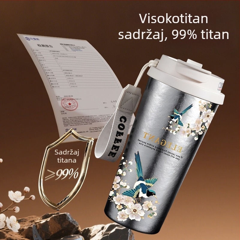 Titanska šalica za kavu – vanjska prijenosna, dvostruka stijenka vakuumska izolacija, Titan unutarnji i vanjski, zadržavanje topline 6–12 h, velika kapacitet, sa slamkom i nosivom uzicom