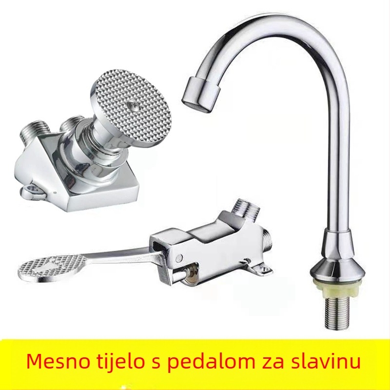 Pedalna slavina za umivaonik s funkcijom odgode rada, tijelo od bakra, 0–90°C, 0,6 MPa, uspravna montaža