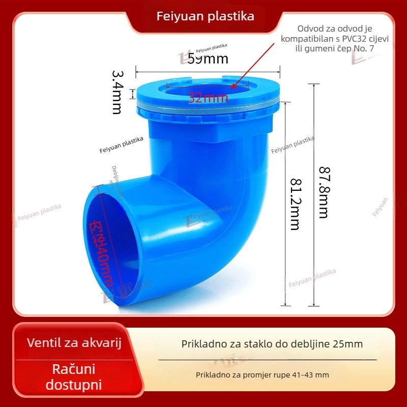 PVC akvarijski odvodi, zakrivljene spojnice s prozirnim kružnim otvorima, gornje i donje vodovodne veze, čvrsta izlazna spojka za donji filter
