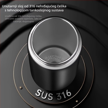 Putni termos s kapom koji se otvara jednim pritiskom, unutarnji materijal 316 inox, vanjski korpus 304 inox, vakuumska izolacija 6–12 sati