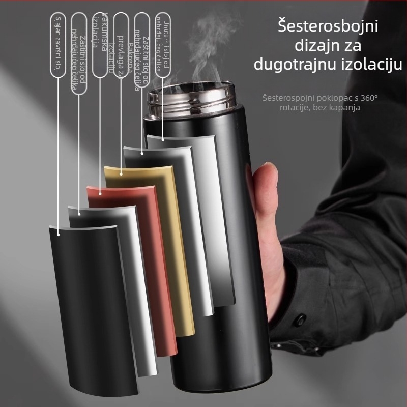 Putni termos s kapom koji se otvara jednim pritiskom, unutarnji materijal 316 inox, vanjski korpus 304 inox, vakuumska izolacija 6–12 sati