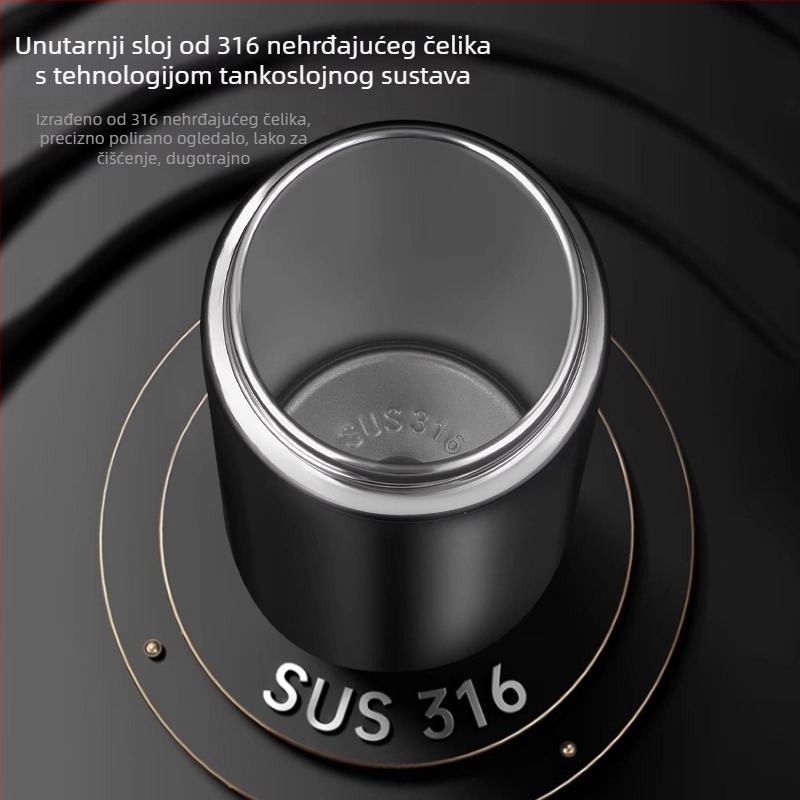 Putni termos s kapom koji se otvara jednim pritiskom, unutarnji materijal 316 inox, vanjski korpus 304 inox, vakuumska izolacija 6–12 sati
