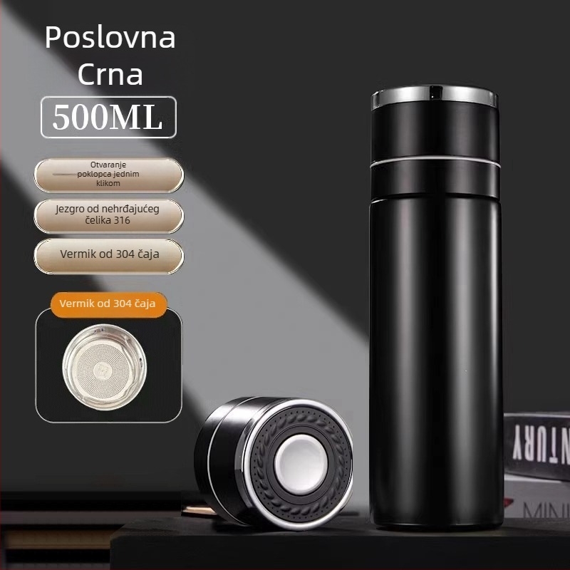 Putni termos s kapom koji se otvara jednim pritiskom, unutarnji materijal 316 inox, vanjski korpus 304 inox, vakuumska izolacija 6–12 sati