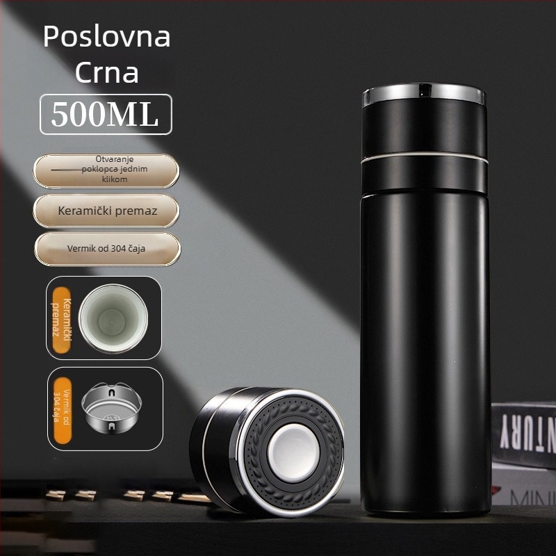 Putni termos s kapom koji se otvara jednim pritiskom, unutarnji materijal 316 inox, vanjski korpus 304 inox, vakuumska izolacija 6–12 sati