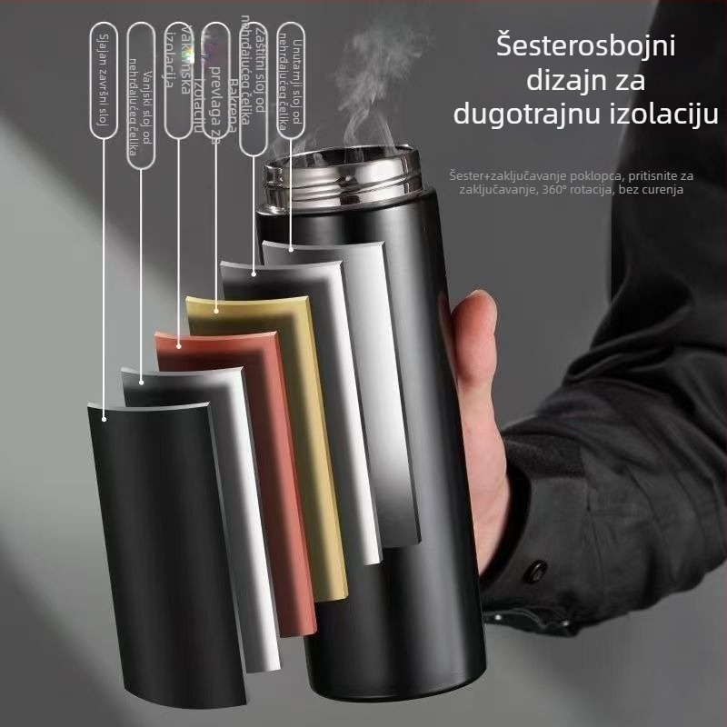 Putni termos s kapom koji se otvara jednim pritiskom, unutarnji materijal 316 inox, vanjski korpus 304 inox, vakuumska izolacija 6–12 sati
