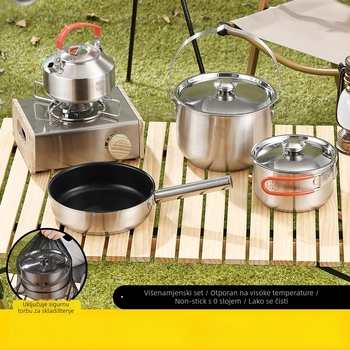 Prijenosni set posuđa za kampiranje od 304 nehrđajućeg čelika — 3 dijela: lonac, viseći lonac i tava, Model 16/20, 0,5 kg, za 3–5 osoba