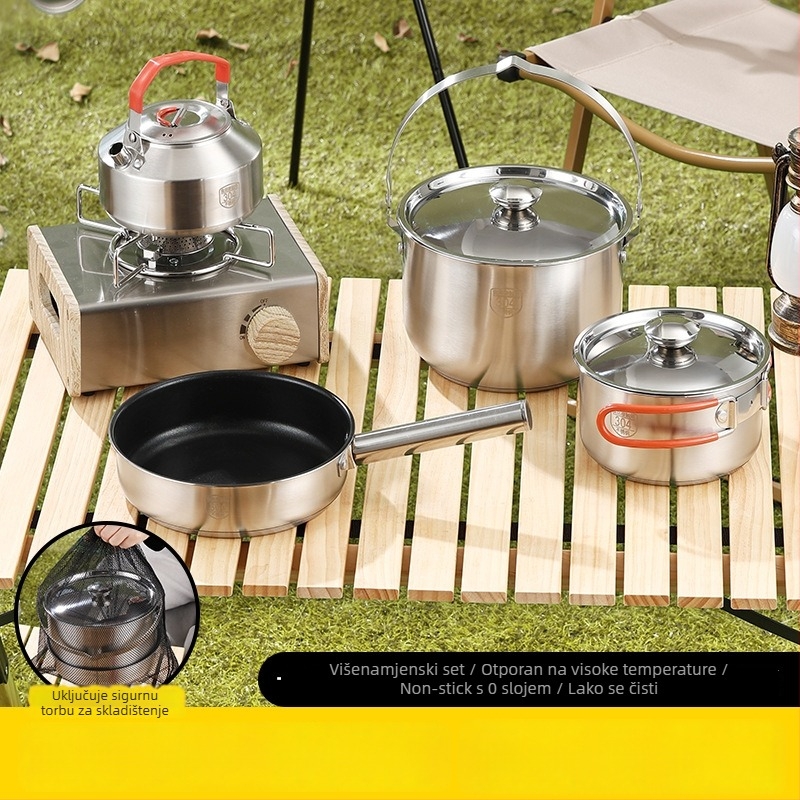 Prijenosni set posuđa za kampiranje od 304 nehrđajućeg čelika — 3 dijela: lonac, viseći lonac i tava, Model 16/20, 0,5 kg, za 3–5 osoba