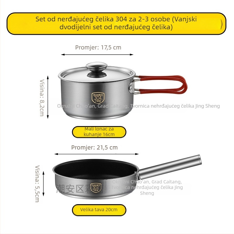 Prijenosni set posuđa za kampiranje od 304 nehrđajućeg čelika — 3 dijela: lonac, viseći lonac i tava, Model 16/20, 0,5 kg, za 3–5 osoba