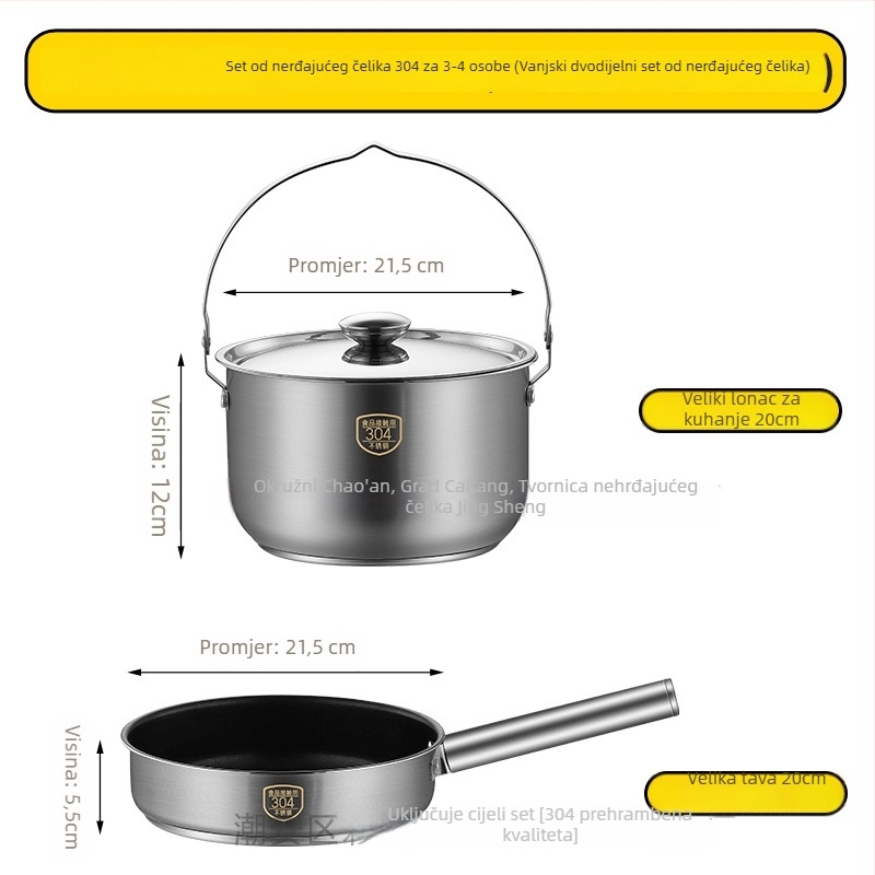 Prijenosni set posuđa za kampiranje od 304 nehrđajućeg čelika — 3 dijela: lonac, viseći lonac i tava, Model 16/20, 0,5 kg, za 3–5 osoba