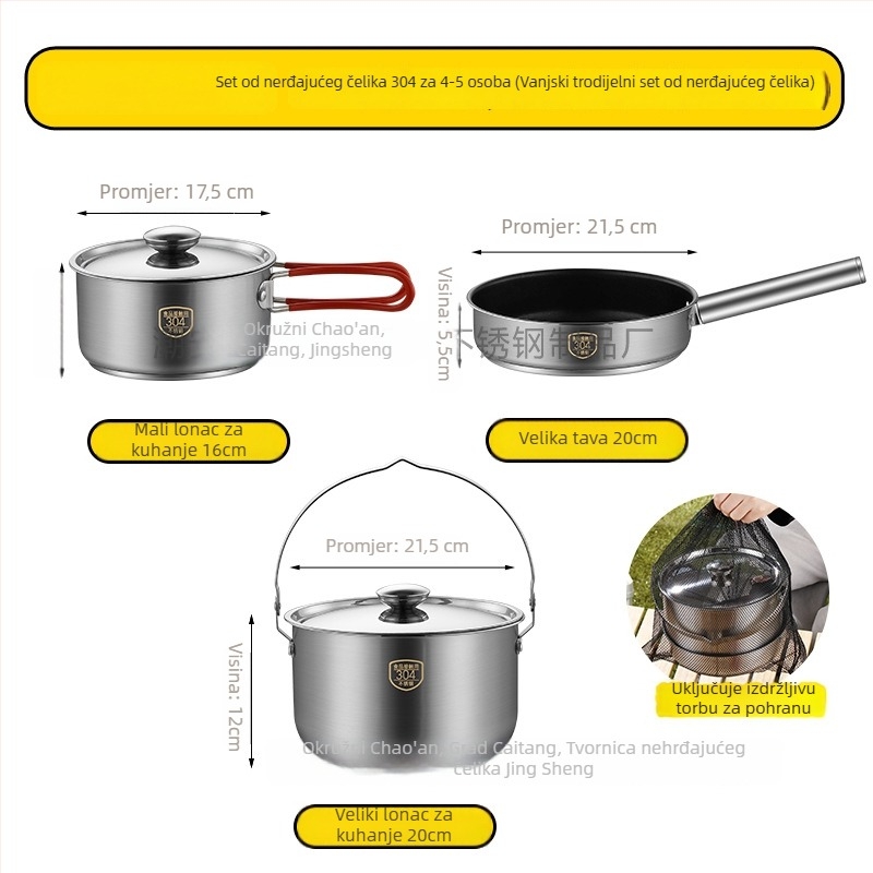 Prijenosni set posuđa za kampiranje od 304 nehrđajućeg čelika — 3 dijela: lonac, viseći lonac i tava, Model 16/20, 0,5 kg, za 3–5 osoba