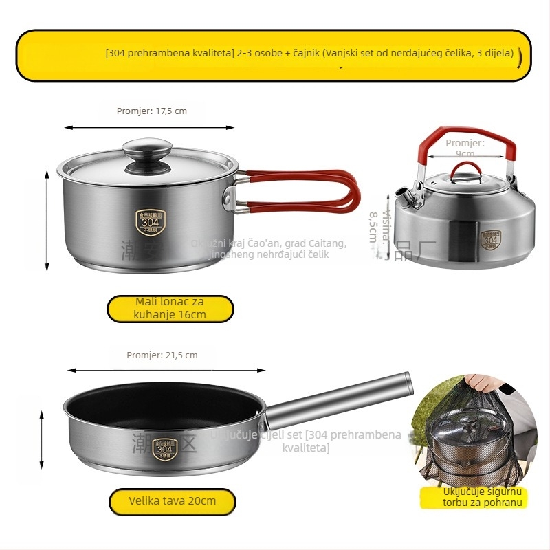 Prijenosni set posuđa za kampiranje od 304 nehrđajućeg čelika — 3 dijela: lonac, viseći lonac i tava, Model 16/20, 0,5 kg, za 3–5 osoba